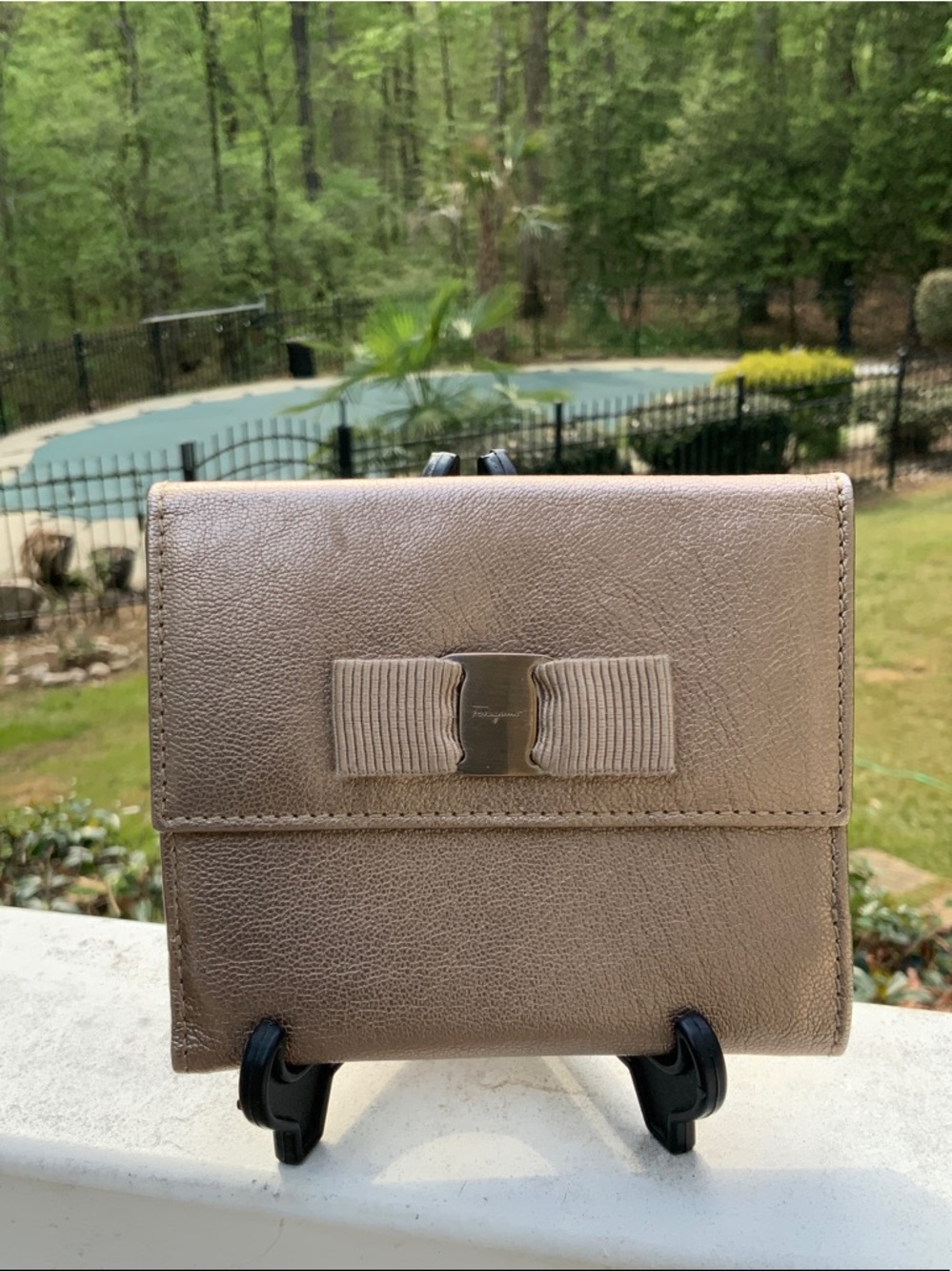 Salvatore Ferragamo Authentic Metallic Taupe Leather Bow Wallet GUC